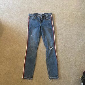 Zara Trafaluc Denim Collection Skinny Jeans, Size 6, Blue with White/Red Stripe